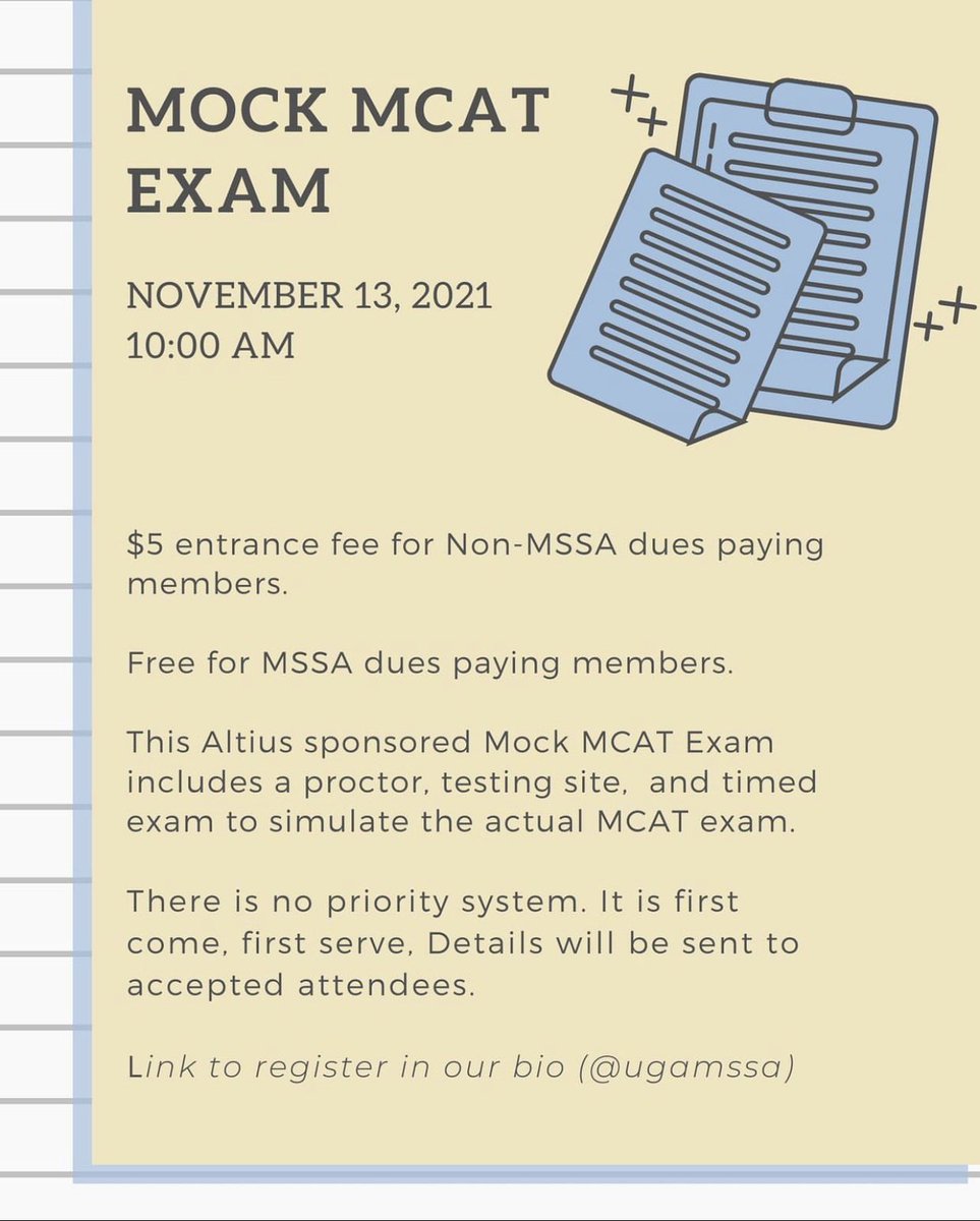ugaMSSA's tweet image. Sign up for either an MCAT or GRE mock exam on Nov. 13 to get the chance to practice for your pre-professional entrance exams. You don’t want to miss out! The link to register is in our instagram bio 🖇

*TYPO - GRE is at 10:00AM