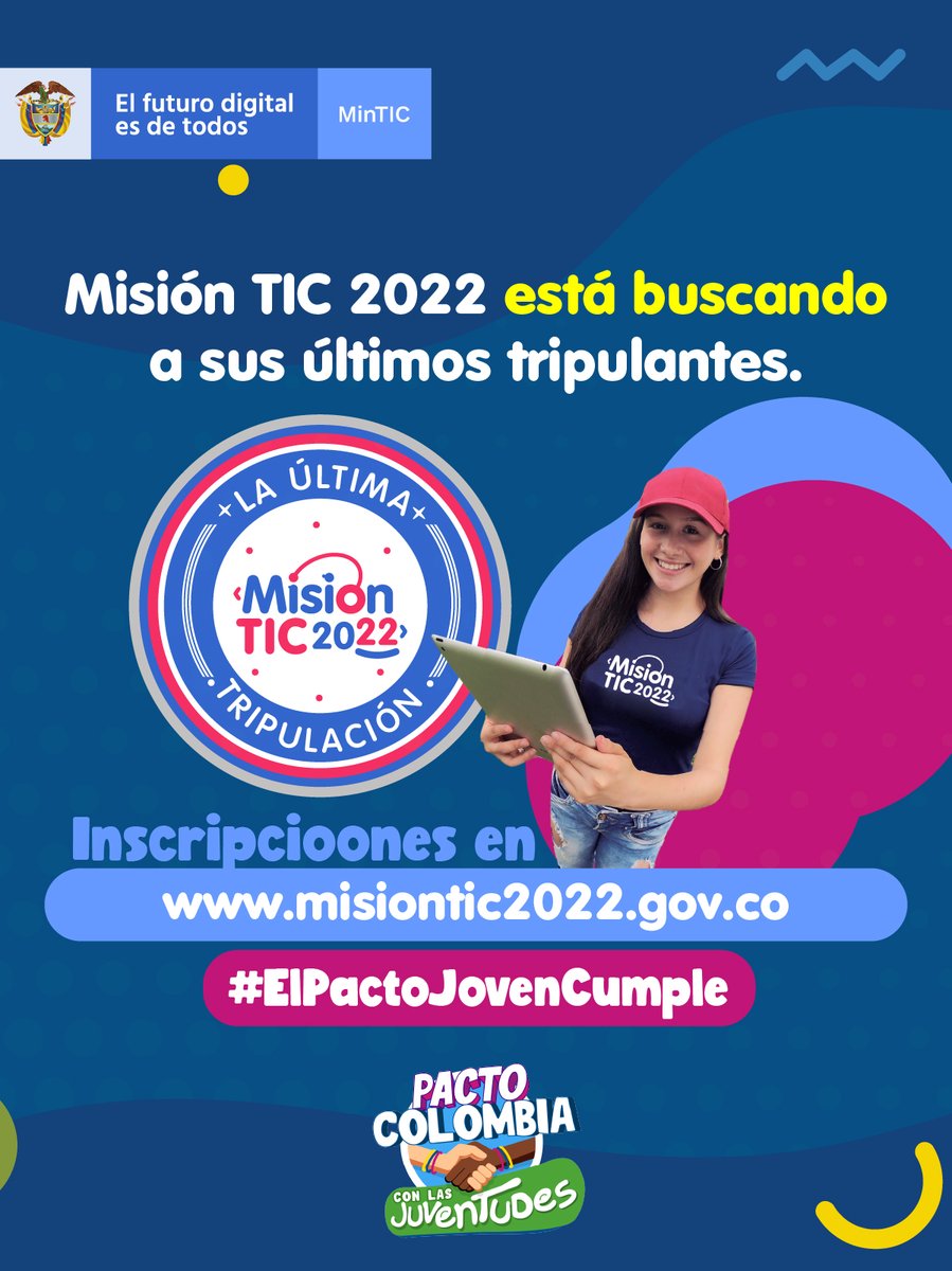 infopresidencia's tweet photo. 🚀¡#MisiónTIC2022 la última tripulación, llega cargada de oportunidades para los jóvenes colombianos! Inscríbanse y únanse a la iniciativa del @Ministerio_TIC que formará a #100KProgramadores.📲 https://t.co/0unph0z4og #ElPactoJovenCumple https://t.co/L0B9iIlTlZ