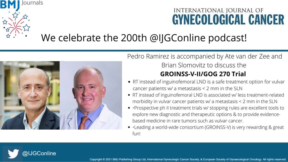 This week, @pedroramirezMD, is joined by Drs. Ate van der Zee & Brian Slomovitz to discuss GROINSS-V-II/GOG270.  
🎆Also celebrating 200th podcast, thanks to all authors!
🎵ow.ly/CulF50GIe6p
@AteZee @GynCancerMD @umcg @BrowardHealth @FIU @SGO_org @agz_eriksson @OncoAlert