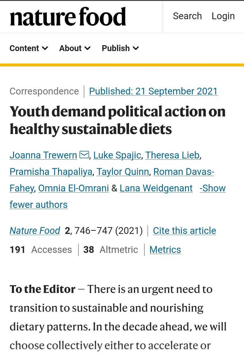 ICYMI: a team of youth from 5 continents and I call for political action on healthy and sustainable diets in <a href="/NatureFoodJnl/">Nature Food</a>, particularly following <a href="/FoodSystems/">UN Food Systems Coordination Hub</a> and targeting <a href="/COP26/">COP26</a> and we need your support (THREAD)
nature.com/articles/s4301…