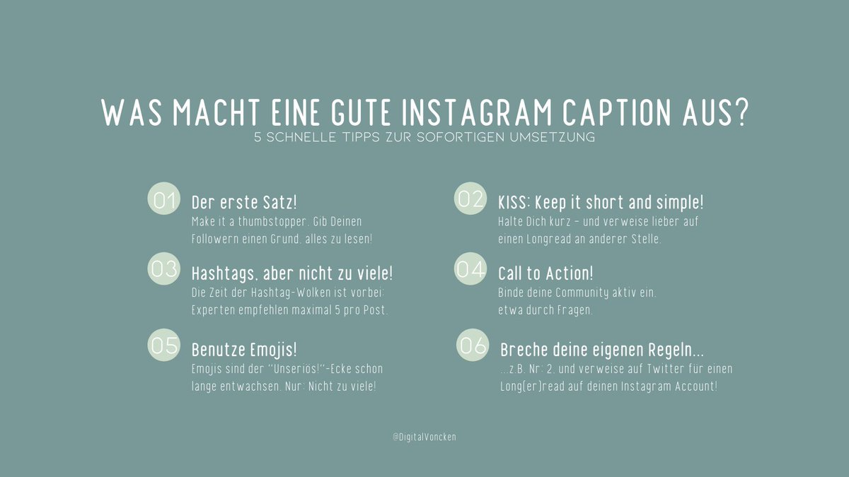 ...siehe Regel Nummer 6: Um mehr über dieses Thema zu erfahren, schaut Euch doch mal unseren Instagram-Post dazu an: instagram.com/p/CWA_BvHsR-I/…  😉  #onlinemarketing #socialmediamarketing #instagramcaption