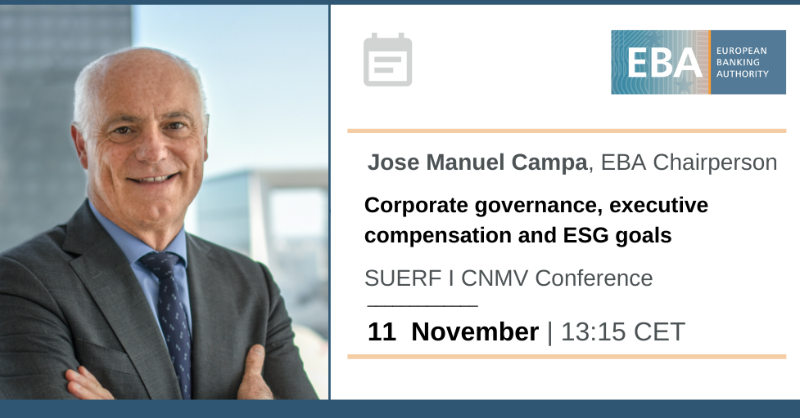EBA_News's tweet photo. โฉThis week | #EBA Chairperson #JMCampa will speak at the @suerf_org & @CNMV_MEDIOS Conference on #CorporateGovernance, executive compensation & #ESGgoals
๐๏ธHis intervention will focus on integrating #ESG risks into #PrudentialRegulation for #banks
๐
11 Nov at 13.15 CET
#CNMV