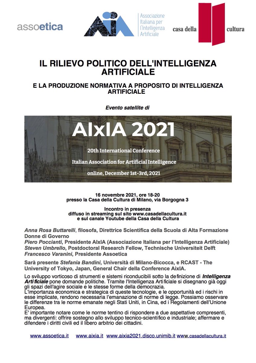 Servono momenti aperti ai cittadini per parlare costruttivamente di temi chiave, come l’uso politico dell’Intelligenza Artificiale. 16 novembre ore 18. bit.ly/3qwovZN