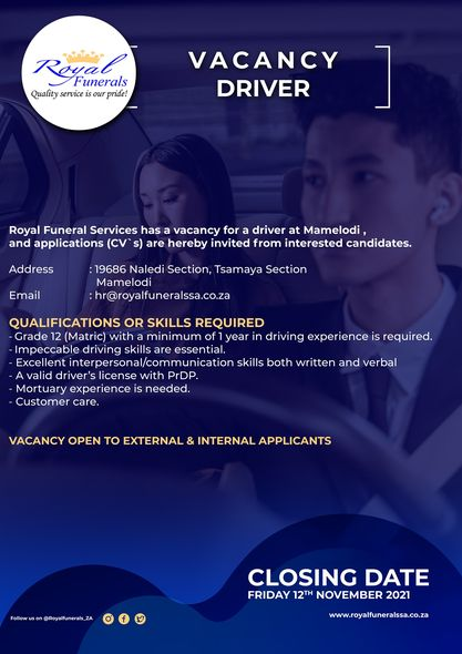 retweet4support's tweet photo. We are Hiring!!!!
X1 Driver - For our Mamelodi Branch
X1 Mortuary Assistant - For our Mamelodi Branch 
Forward Applications : hr@royalfuneralssa.co.za
#Royalfunerals  #amaroyalamahle😎  #jobpost https://t.co/7SCll490vV