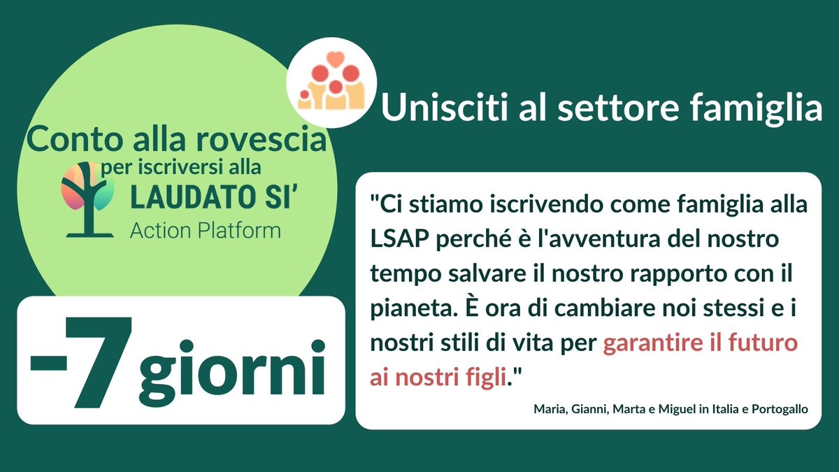 ❗#Contoallarovescia Mancano 7⃣ giorni all'avvio delle iscrizioni alla Piattaforma di Azione #LaudatoSi: un "luogo" dove formarsi e condividere progetti ispirati all'Enciclica di <a href="/Pontifex/">Pope Leo XIV</a> 
bit.ly/3EUqcnI 
laudatosi.va #Laudatosiactionplatform  <a href="/lsap_eng/">LAUDATO SI’ ACTION PLATFORM</a>