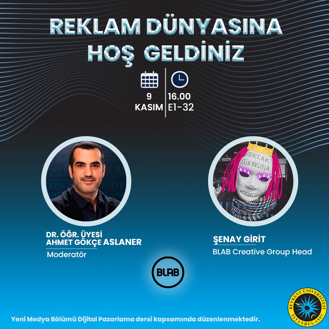 Bu hafta "Dijital Pazarlama İletişimi" dersime Blab İstanbul Creative Group Head Senay Girit  konuk olacaktır. 9 Kasım 2021 Salı günü E1-32 numaralı sınıfta saat 16.00’da başlayacak seminere tüm öğrencilerimizi bekleriz.  #dijitalpazarlama