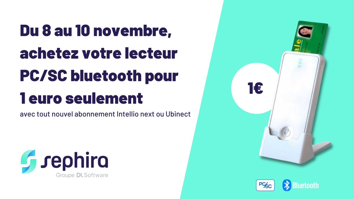 Achetez 1€ votre lecteur PC/SC bluetooth #SESAMVitale avec votre abonnement Intellio next ou Ubinect pendant #santexpo et les #JNIL. Offre du 8/11 au 10/11, réservée aux nouveaux clients avec le code JNIL au 0243780708

#esante #SI21 #SalonInfirmier #télétransmission  #hcsmeufr