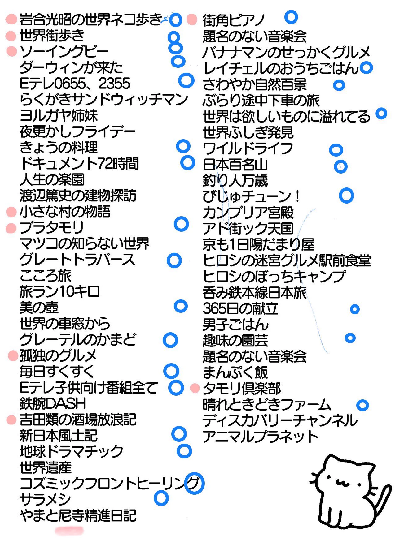 @KinokinoTwins メンタルに優しい、だけではないと思うこのリスト。例えば、これNHKの番組に青丸付けてみたけれど、好きな番組多くて、お金払ってるだけの価値もあるかと感じます。 