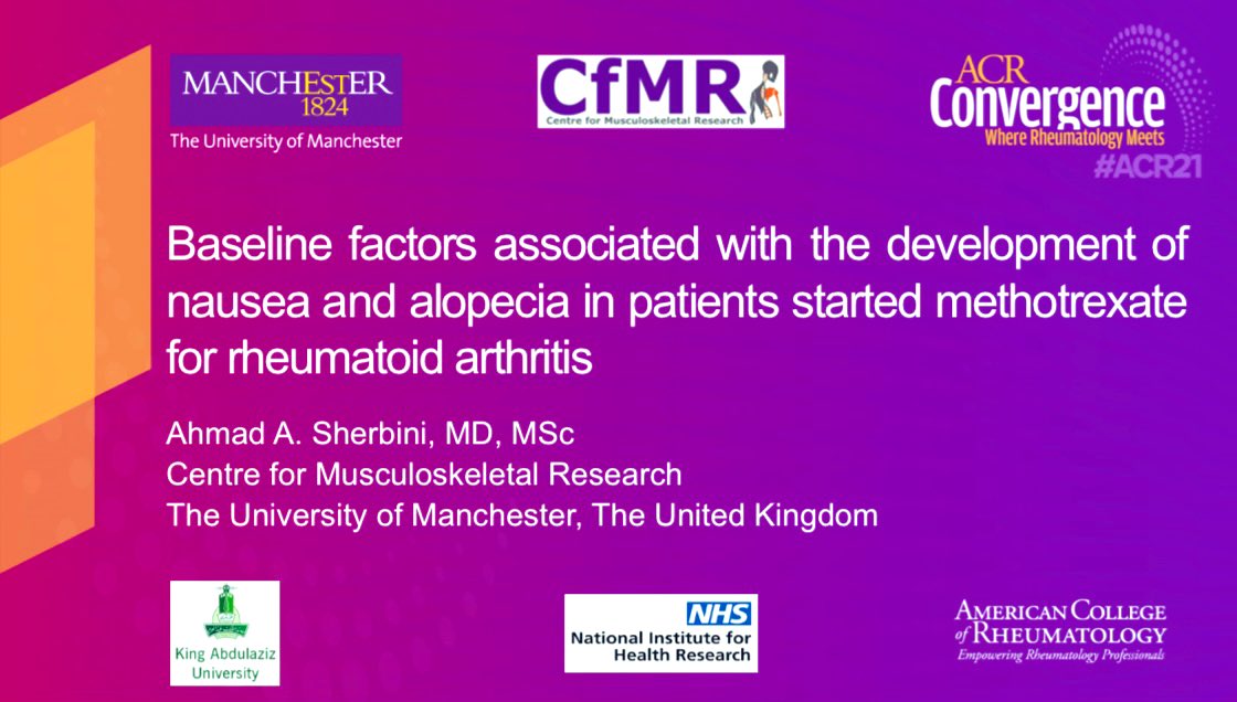 A new #ACR21 day with packed agenda
presenting our work in <a href="/UoMMskResearch/">UoM Musculoskeletal</a> <a href="/CfE_UoM/">Centre for Epidemiology Versus Arthritis</a> about nausea and alopecia, two adverse events that matter to patients with #RA when starting methotrexate treatment
#ACRAmbassador