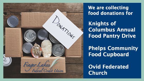 FingerLakesFCU's tweet photo. Please consider donating canned and boxed goods through December 10th which will help the Knights of Columbus Annual Food Pantry Drive (Geneva), Phelps Community Food Cupboard and Ovid Federated Church. Thank you for any support you can provide! #fingerlakesny #cudifference https://t.co/t7nY9QfNEp