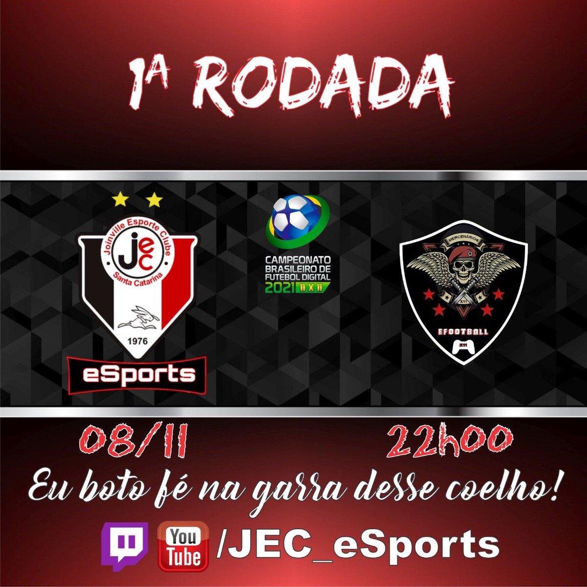 JEC_esports's tweet photo. [PES]

Hoje é nossa estreia pelo 2º Camp. BR de x11 da @CBFDV 

O Nosso JEC inicia a caminhada às 22h contra Os Mercenários em confronto de ida e volta, os jogos serão transmitidos ao vivo em nossos canais da Twitch e do YouTube (/JEC_eSports).

#EuBotoFéNaGarraDesseCoelho
#GOJEC https://t.co/cFwMxpstzE