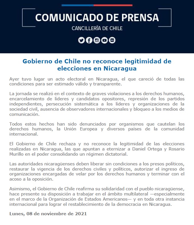 allamand's tweet photo. El gobierno de Chile rechaza y no reconoce la legitimidad de las elecciones realizadas en Nicaragua, las que apuntan a eternizar a Daniel Ortega y Rosario Murillo en el poder consolidando un régimen dictatorial. https://t.co/eRcB5Vczzy