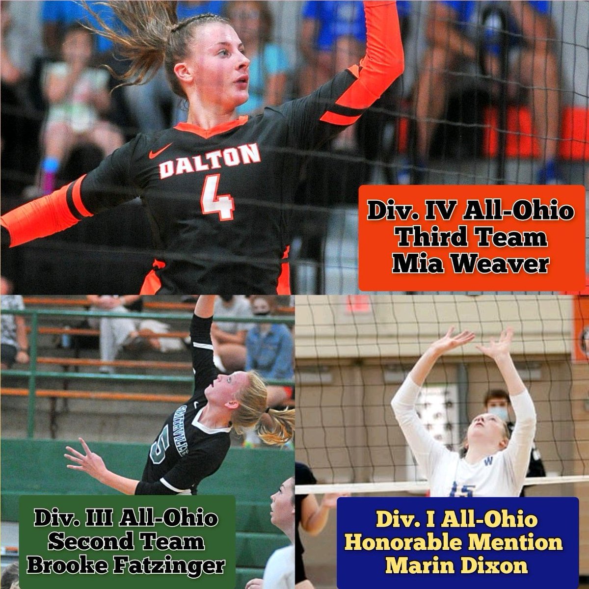 VB: Congrats to a trio of locals named All-Ohio. Wooster's talented setter <a href="/MarinDixon2/">marin dixon</a> was name Honorable Mention in Div. I, Smithville hitter <a href="/fatzingerbrooke/">Brooke Fatzinger</a> was named 2nd Team in Div. III and Dalton hitter <a href="/mia_weaver04/">Mia Weaver</a> was selected 3rd Team in Div. IV #TDR #AllOhio