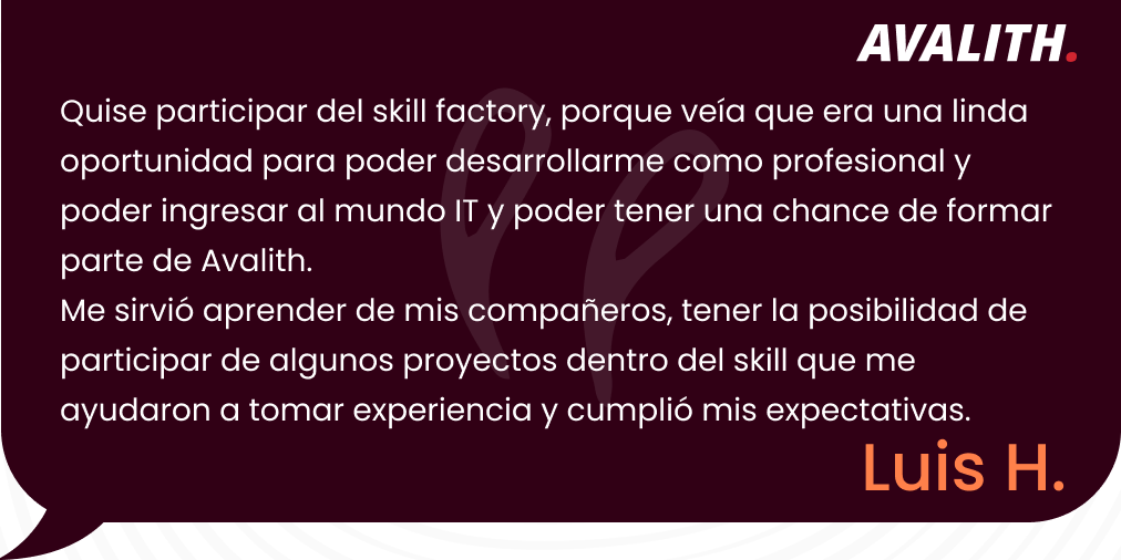 HolaAvalith's tweet photo. Algunos de los participantes de la #SkillFactory nos comparten qué los motivó a sumarse y cómo fue su experiencia durante el programa.
En #Avalith damos oportunidades REALES a la siguiente generación de #developers.

#GrowWithUs #AvalithTeam https://t.co/dTnsPNM1wu