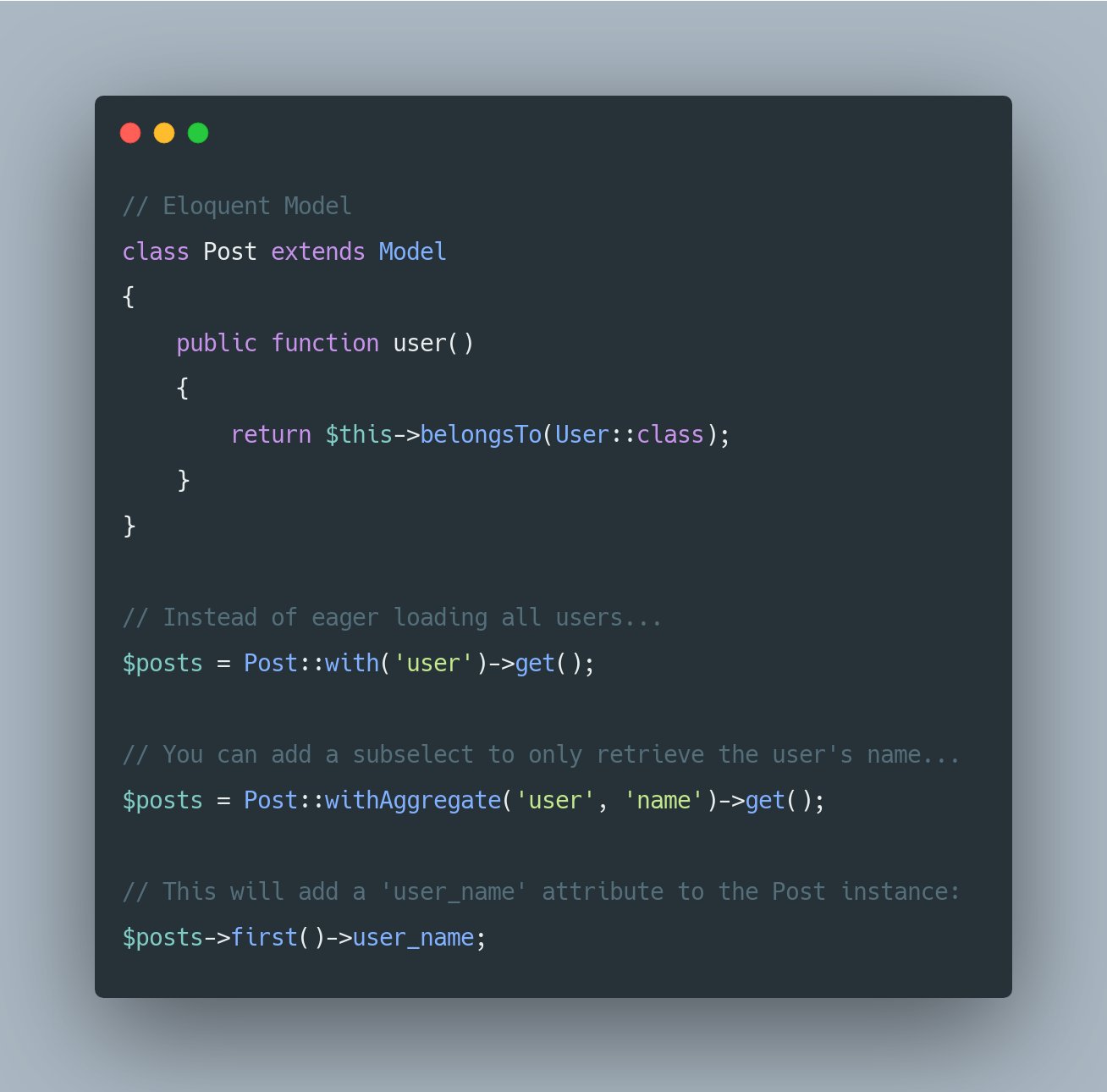 Use the withAggregate() method to add related values to Eloquent queries using subselects