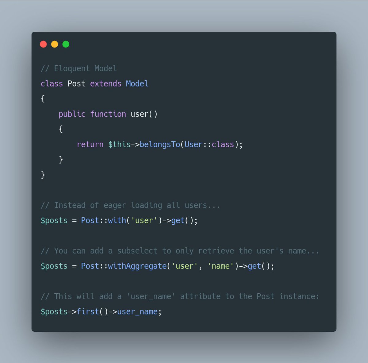 Use the withAggregate() method to add related values to Eloquent queries using subselects