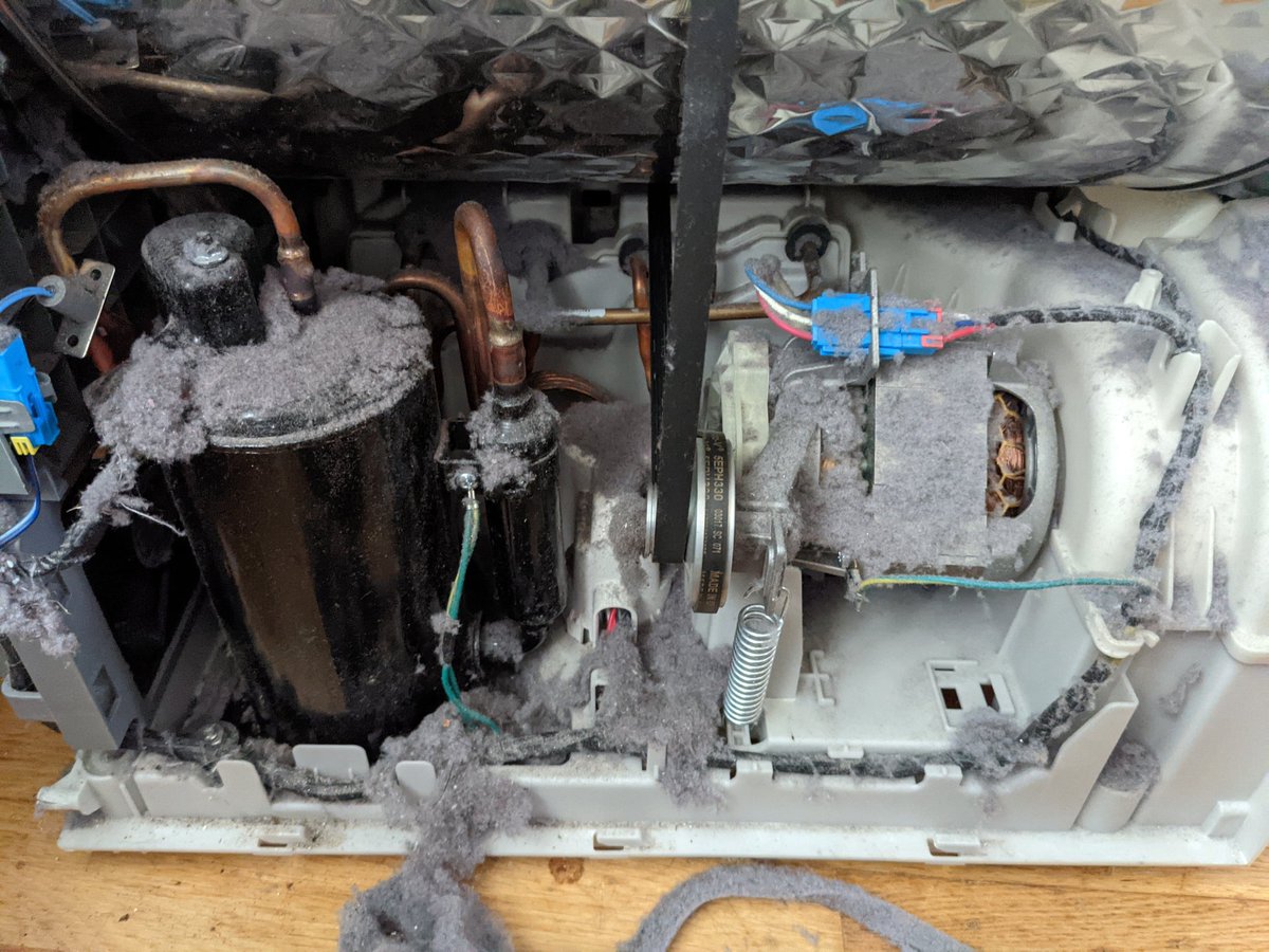 M0IVQ's tweet photo. Looks like I won't be buying @Samsung again in a hurry. Surely all the filters (which are emptied every cycle) are supposed to stop fluff getting to the internals and motor (which has failed) in the drier? https://t.co/00T2Yf9m6r