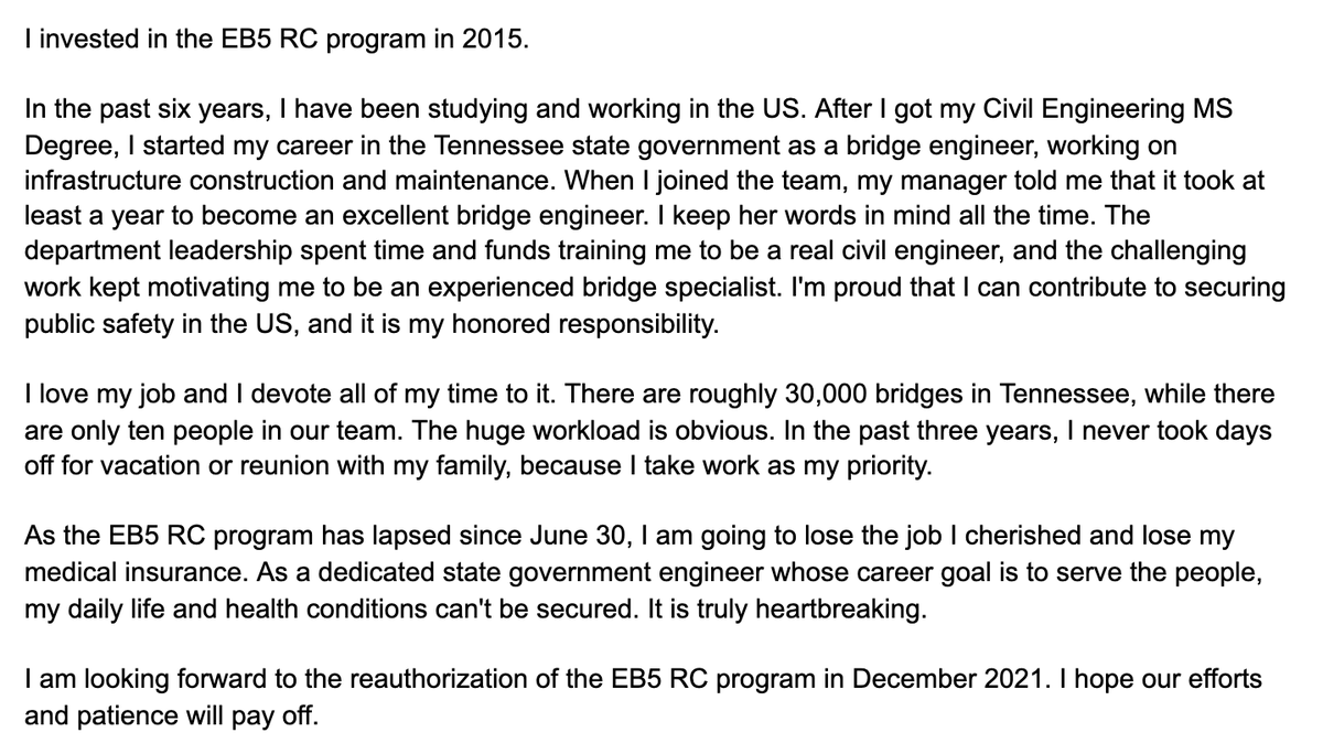 eb5_stories's tweet photo. " I started my career in the Tennessee state government as a bridge engineer... I'm proud that I can contribute to securing public safety in the US... (However) my daily life and health conditions can't be secured. It is truly heartbreaking. " https://t.co/MK5bifJzTp