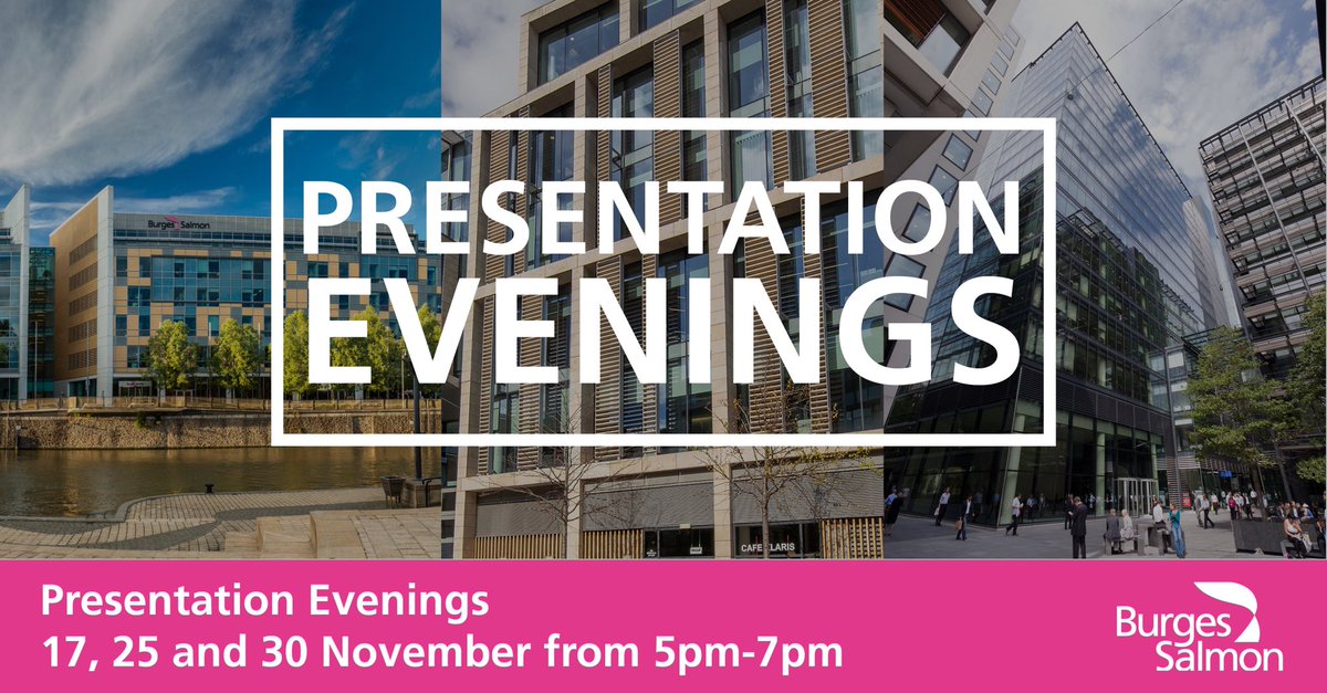 You can now register for our November Presentation Evenings!

17 November - Presentation Evening in our Bristol office
25 November - Presentation Evening in our Edinburgh office
30 November - Presentation Evening (Virtual)

Follow this link to apply: careers.burges-salmon.com/jobs/events/