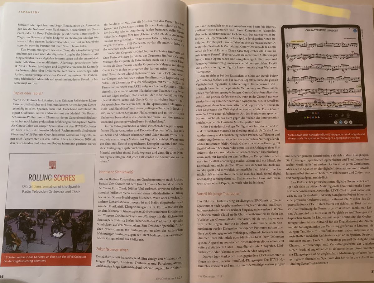 BlackBinder's tweet photo. The magazine "Das Orchester" (@schottmusic) publishes an article about the project of our subsidiary Rolling Scores with the @OCRTVE 
 
Great work from the our team!

https://t.co/oJHfguX8cn https://t.co/l3olQ5PvGi