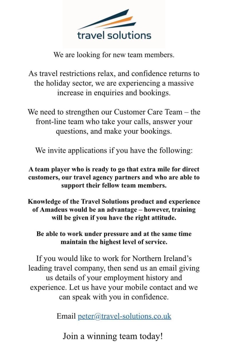 trvlsolutions's tweet photo. Come join NI’s leading and multi- award winning Tour Operator!
#travel #travelindustry #traveljobs https://t.co/40aB84Jlvc