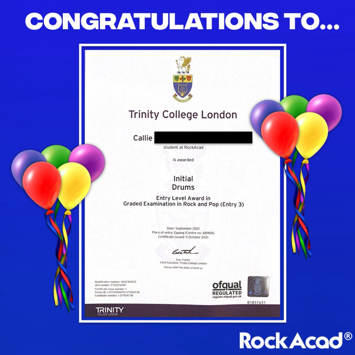 RockAcad's tweet photo. Congratulations  to Callie for passing her @trinity_rock &amp; Pop Initial Grade in record time! 🥳

To study @TrinityC_L Rock and Pop/Standard Grades or Diplomas (all online from home) with us, email: info@rockacad.com ☺️🎶

#trinitycollegelondon #trinityrockandpop @TrinityArtsUKI https://t.co/IR1iYlUMR4