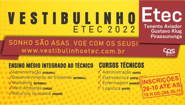 Inscrições para o Vestibulinho 2022 da ETEC são prorrogadas em