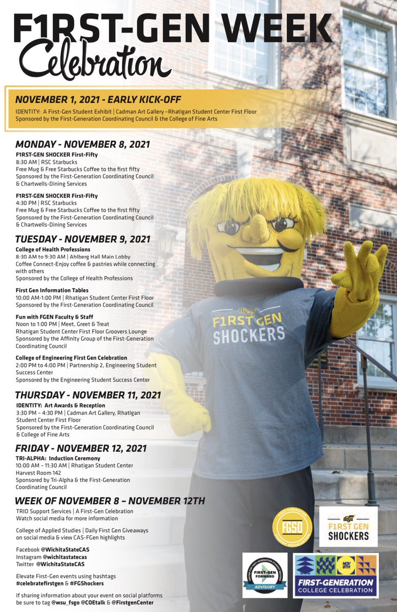 Celebrating First-Gen Shockers all week long with multiple events and free treats!💛Join in on the fun and share your posts using our hashtags: #celebratefirstgen &amp; #FGShocker