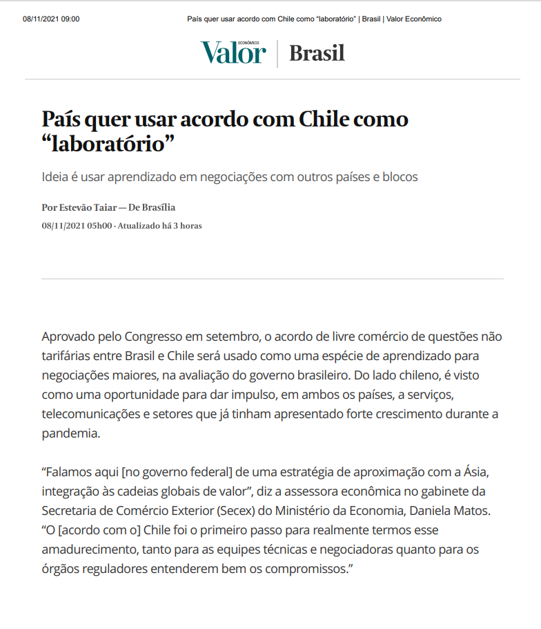 subrei_chile's tweet photo. En entrevista en @valoreconomico, Subsecretario @rodrigoyanezb se refiere al Acuerdo de Libre Comercio entre Chile y Brasil, recientemente aprobado por el Senado brasileño 🇨🇱🤝🇧🇷 Brasil es nuestro principal socio comercial en la región 🌎 https://t.co/DSNDTFfshy