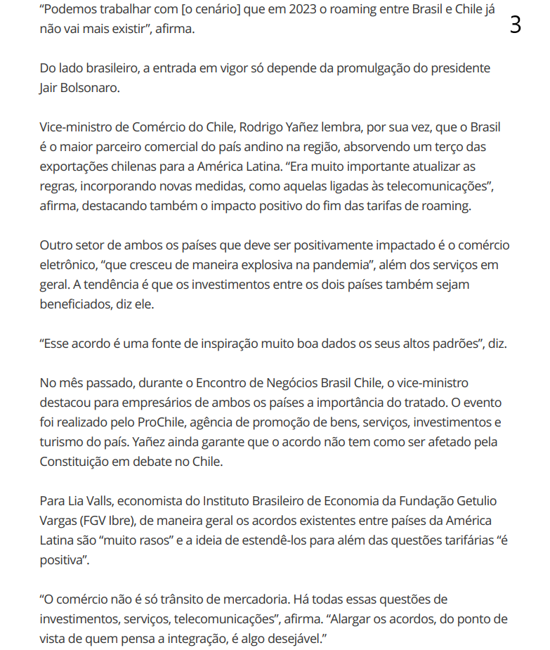 En entrevista en <a href="/valoreconomico/">Valor Econômico</a>, Subsecretario <a href="/rodrigoyanezb/">Rodrigo Yañez</a> se refiere al Acuerdo de Libre Comercio entre Chile y Brasil, recientemente aprobado por el Senado brasileño 🇨🇱🤝🇧🇷 Brasil es nuestro principal socio comercial en la región 🌎