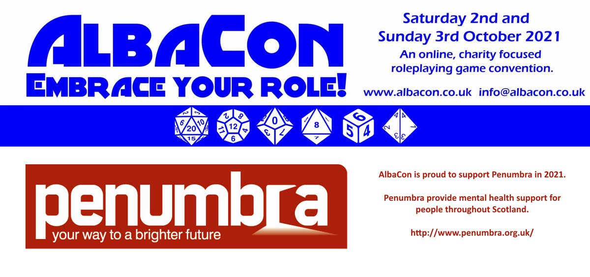AlbaCon RPG (@albaconrpg) on Twitter photo We've raised almost £3,000 for <a href="/penumbra_scot/">Penumbra Mental Health</a> thanks to ticket sales, the <a href="/DnDBeyond/">D&D Beyond</a> raffle & donations.
We're only £41 away so if you can donate that would be amazing. We'll be closing the JustGiving page on Sunday (14th).
justgiving.com/fundraising/al…
#TTRPG #TTRPGFamily #DnD5e #RPG We've raised almost £3,000 for <a href="/penumbra_scot/">Penumbra Mental Health</a> thanks to ticket sales, the <a href="/DnDBeyond/">D&D Beyond</a> raffle & donations.
We're only £41 away so if you can donate that would be amazing. We'll be closing the JustGiving page on Sunday (14th).
justgiving.com/fundraising/al…
#TTRPG #TTRPGFamily #DnD5e #RPG