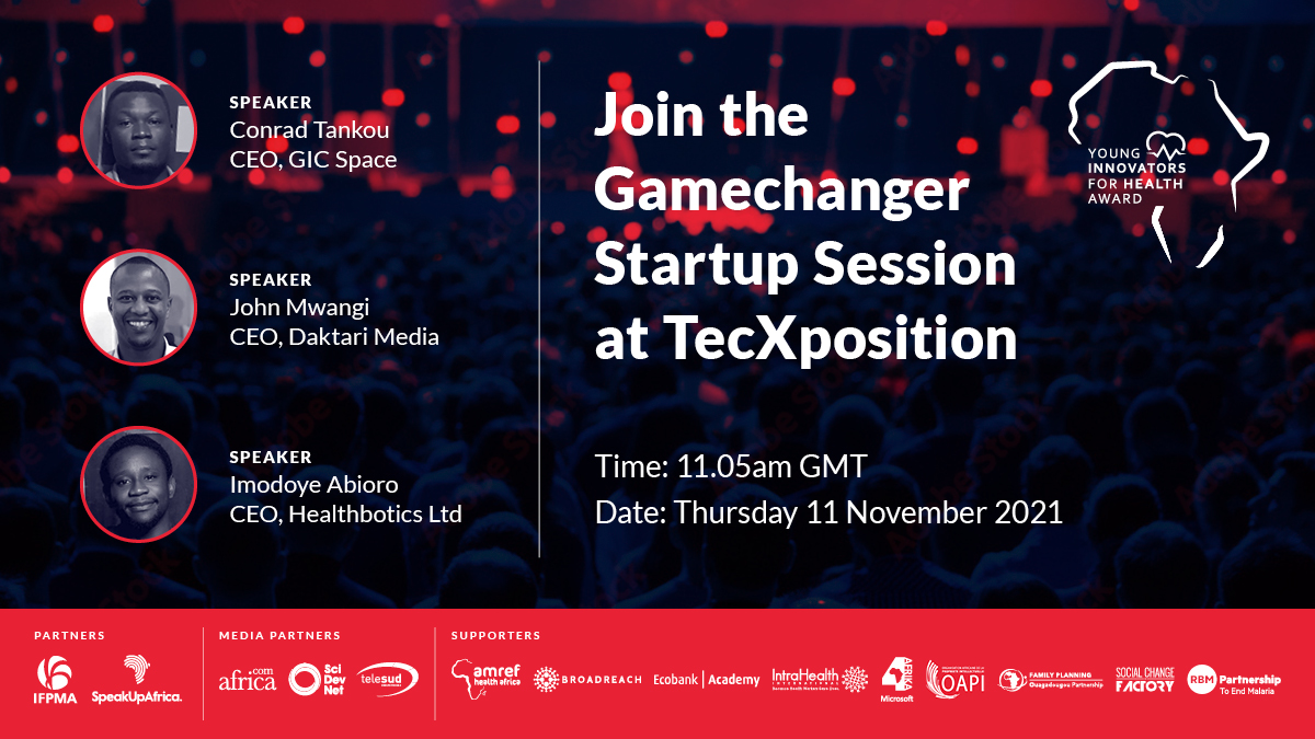 Join Africa #YoungInnovators4Health Award winners <a href="/stConrad7/">Conrad Tankou MD</a> <a href="/jonnymwangi/">John Mwangi</a> &amp; <a href="/Doye_A_Doyen/">Imodoye Abioro</a> at #tecxposition2021. The young entrepreneurs will showcase their game-changing innovations empowering health workers to the tech community.

11th Nov (11:05AM GMT)
👉bit.ly/3CUKAo4