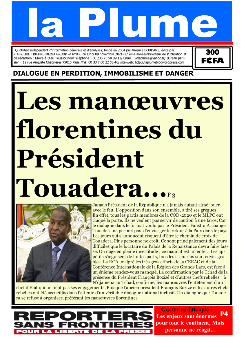 CiBaroud's tweet photo. La Une du journal « la Plume » N•906 du lundi 08 novembre 2021... https://t.co/muB5rwCcgb