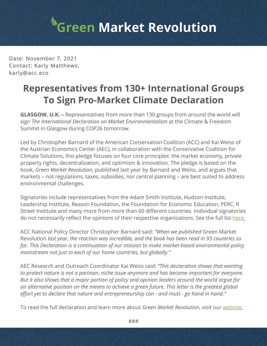 BREAKING: 130+ individuals signed the International Declaration on Market Environmentalism at #COP26.

This first-ever pledge from major global thought leaders shows a clear commitment to promoting market values to help our planet on the world stage. acc.eco/blog/2021/mark…