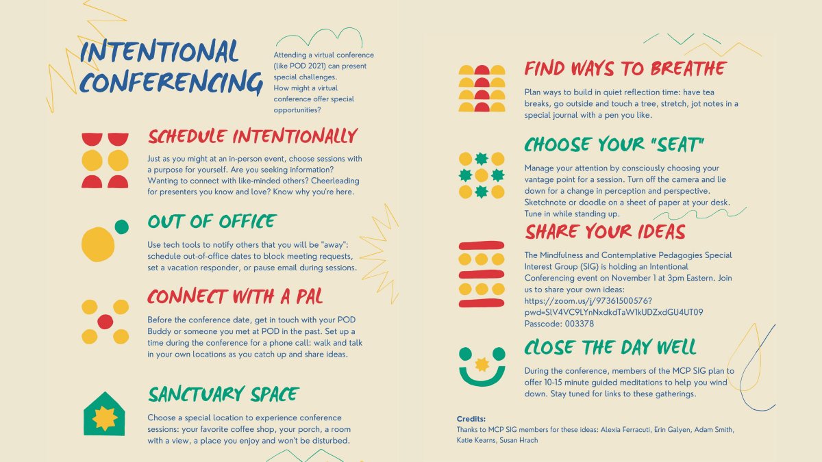 Our very own Mindfulness &amp; Contemplative Pedagogy SIG has created this guide to Intentional Conferencing.

This will help you make space in your mind, body and location to engage at #POD21 this week.