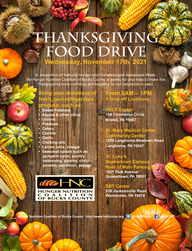 BCOpportunity's tweet photo. The @HNCBucks is asking for your help to make Thanksgiving more nutritious and bountiful for our neighbors in need. Please consider donating any of the following items to the nearest location to you on 11/17/21 from 9am-1pm.

#feedingourcommunity
#hungerinbucks
#buckscountypa https://t.co/Ncx2TX2vO5