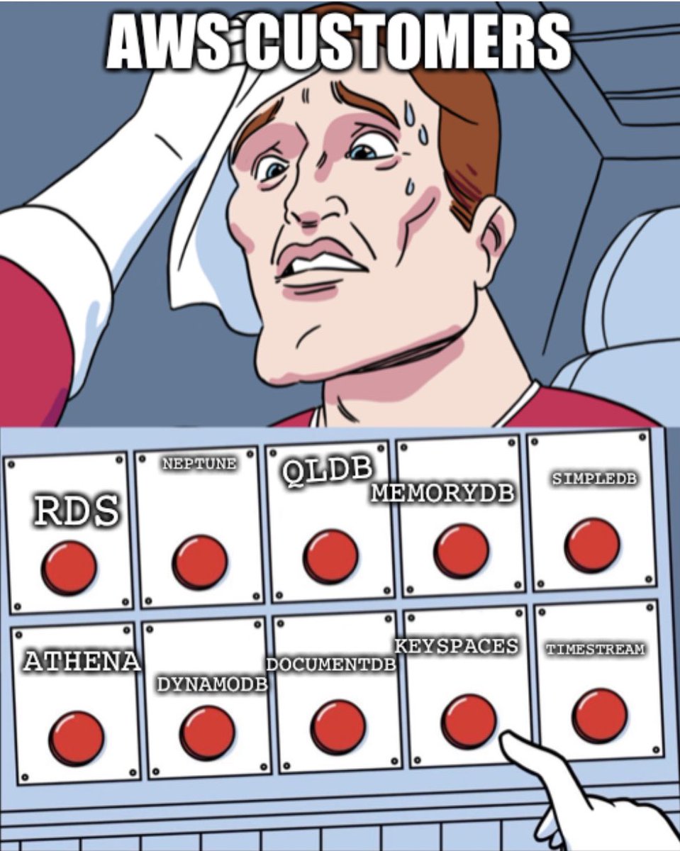QuinnyPig's tweet image. "In the future, the only code you will write is business logic." Meanwhile, the @awscloud customer DBAs:
