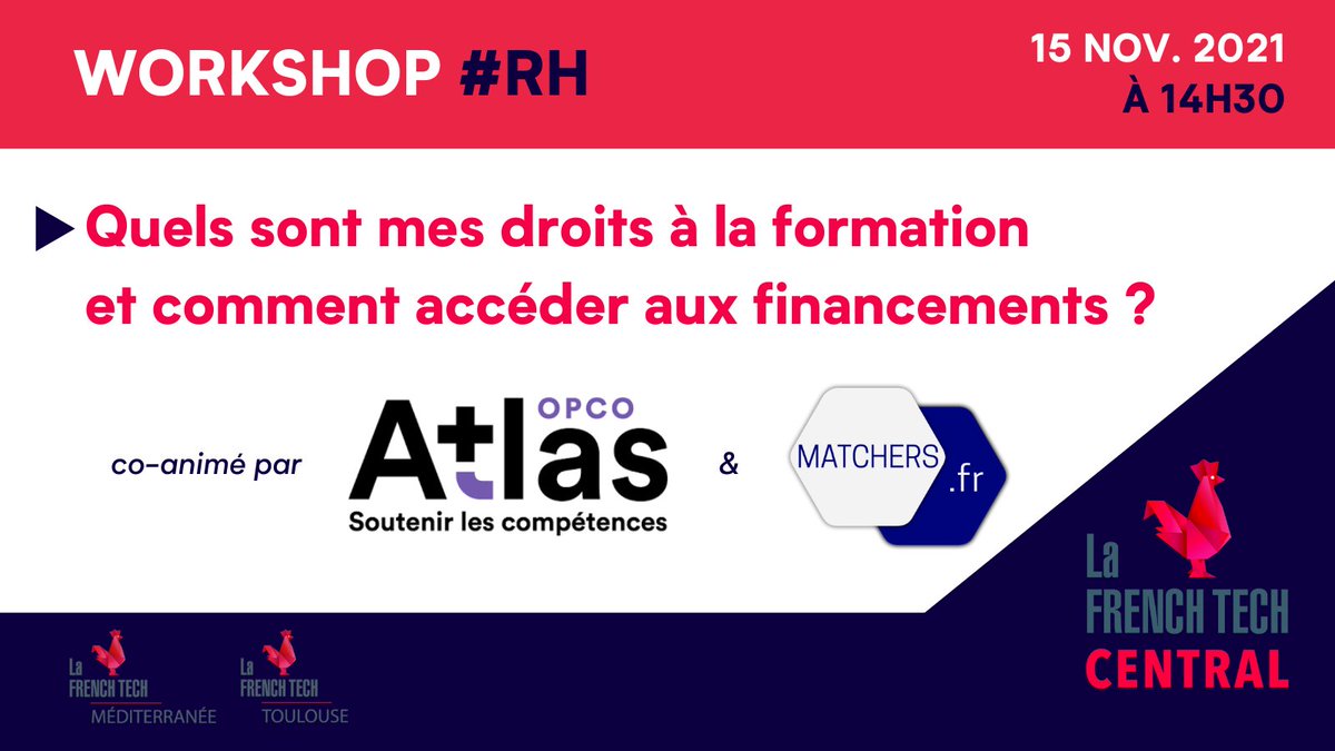 J-7 : Webinaire quels sont vos droits à la formation et comment accédez au financement ?
Réponse lors de ce workshop avec <a href="/OpcoAtlas/">Opco Atlas</a>  &amp; <a href="/matchers_fr/">Matchers</a>
 
Infos pratique : 
🗓️Lundi 15 Novembre 2021 ⏰ 14h30 à 15h30 📍En visio via teams
🔗S'inscrire : airtable.com/shrmfKZKhMLAf6…