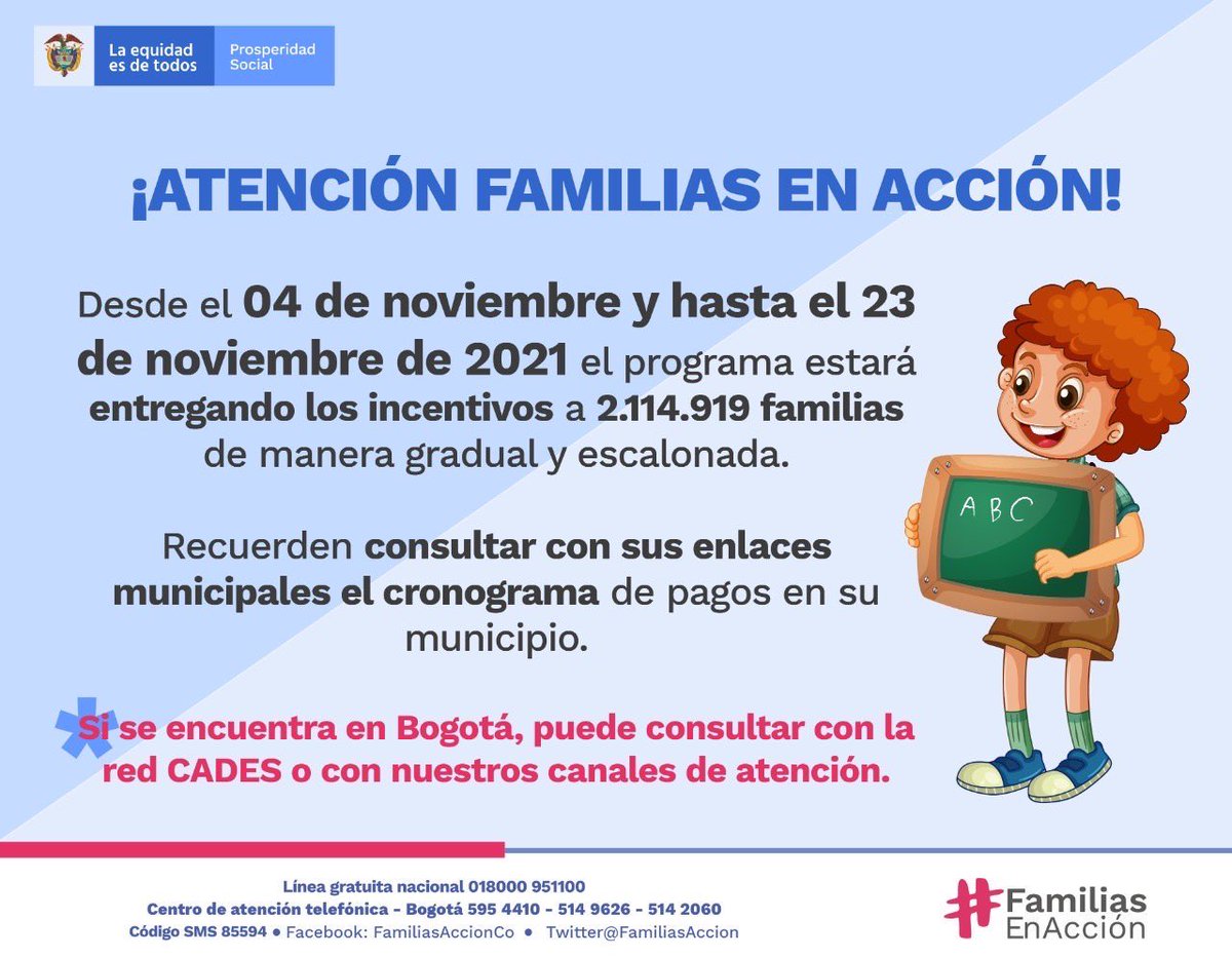 ProsperidadCol's tweet photo. #BuenasNoticias | Para este pago 5, las @FamiliasAccion que vivan en #Bogotá y tengan dudas sobre el desembolso de sus recursos, pueden acudir a la red CADE o en los canales de atención de la entidad que podrán consultar en https://t.co/8RUZGfz9Iw. https://t.co/DVYBqpbU1Z