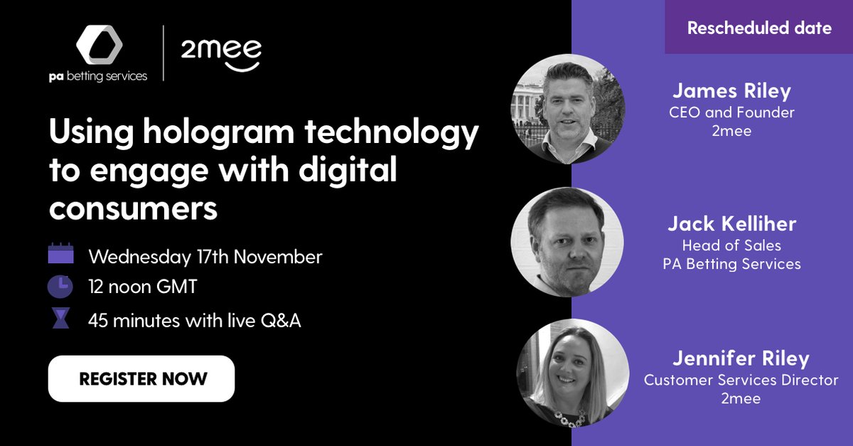 With one of our speakers now unavailable this week, we’ve had to reschedule our upcoming webinar: Using Human Hologram Messaging to engage with digital consumers. This session will now take place on Wednesday 17th November at 12 noon. REGISTER: bit.ly/3mWHpa0