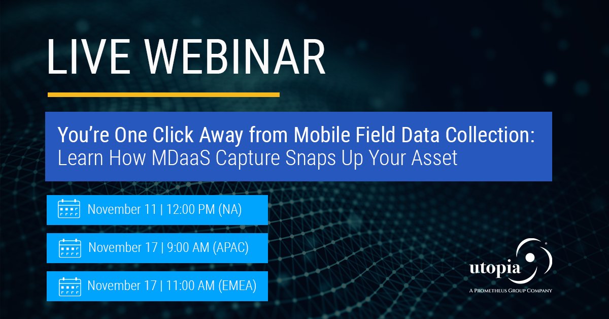 UtopiaInc's tweet photo. Join us for this webinar to better understand how to use MDaaS Capture! 

November 11 | NA:  https://t.co/RzMambEwQL
November 17 | APAC:  https://t.co/Y7yMtwW6Ii
November 17 | EMEA:  https://t.co/GAuqvpLdpr
 
#PrometheusGroup #Utopia #MDaaS #Webinar #EAM #Data https://t.co/sf4kI6QlQV