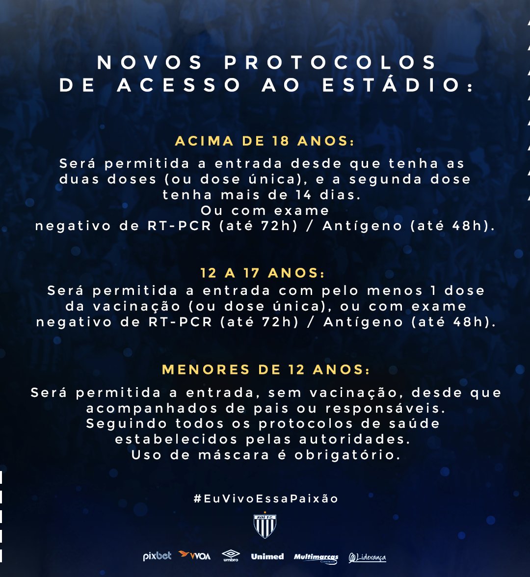 Confira os protocolos de acesso ao Estádio Ressacada para este duelo diante do CSA. Fonte: Avaí FC/Twitter