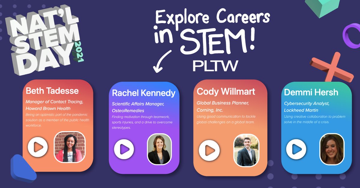 To celebrate #NationalSTEMDay, peek into the lives of #STEM professionals with PLTW’s Career Quests! With real-world stories, advice, and lessons learned, these professionals share what it means to thrive in life beyond the classroom. Click to listen ➡ bit.ly/3wpen5I
