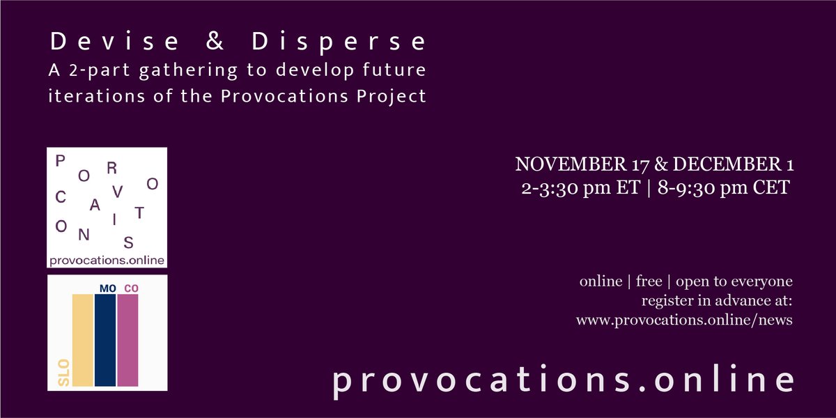 Jessica Rajko (@jessicarajko) on Twitter photo Nov 10 - Open Call for Calls for Provocations provocations.online/call-for-calls/ 
For the 3rd & final phase of #SloMoCo, the Provocations Project is expanding to develop new questions, pose them to new communities, and distribute and decentralize the work. Nov 10 - Open Call for Calls for Provocations provocations.online/call-for-calls/ 
For the 3rd & final phase of #SloMoCo, the Provocations Project is expanding to develop new questions, pose them to new communities, and distribute and decentralize the work.