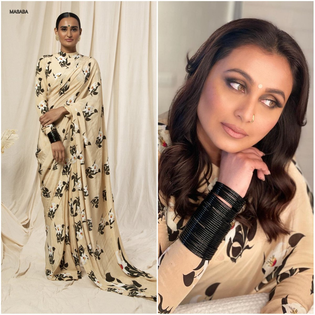 #RaniMukerji In @HouseofMasaba Ivory Pearl Bloomimg Flower Saree (₹15,000) for #KBC13 Promoting #BuntyAurBabli2