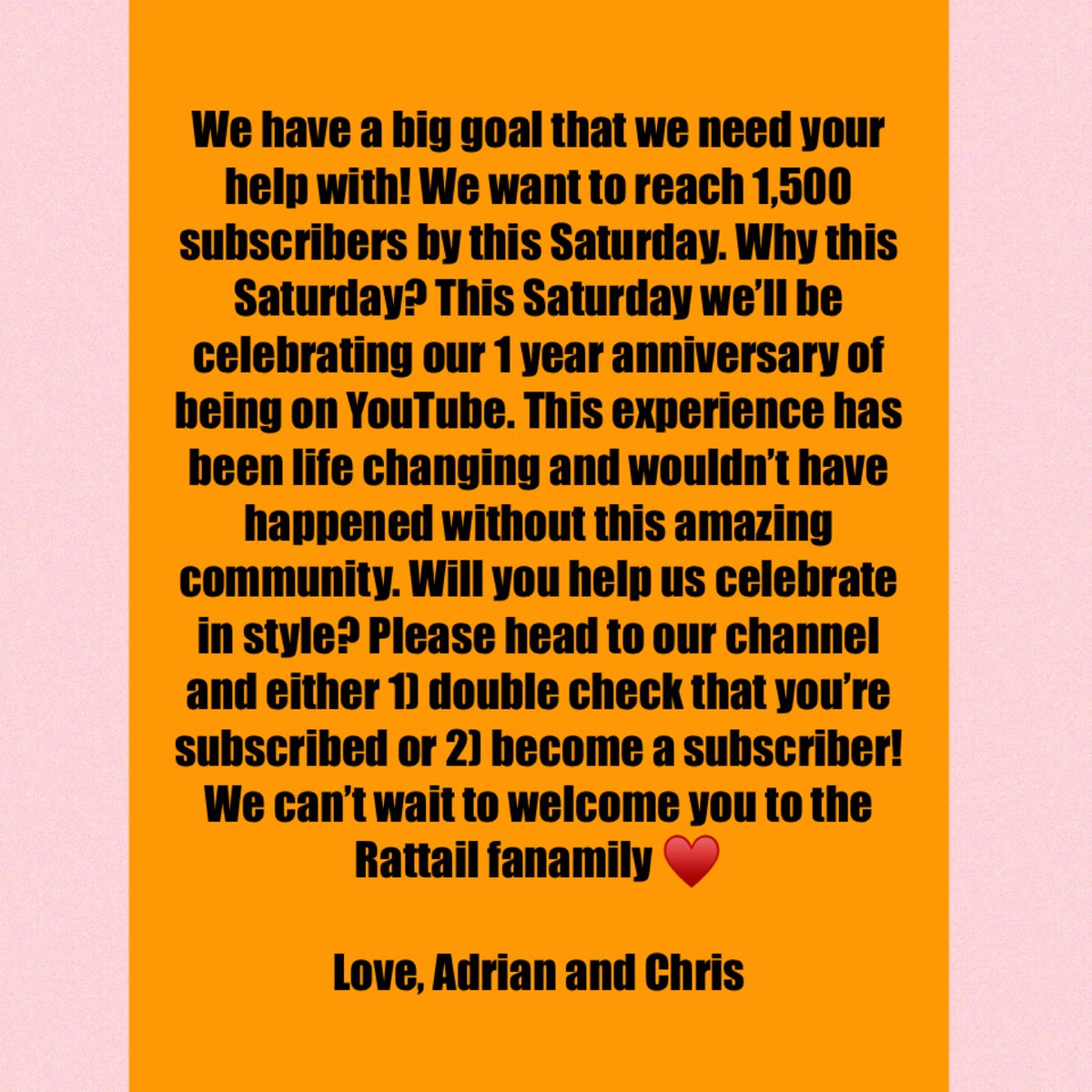 HELP! 🙌 We need only 18 subs to reach a major milestone by this Saturday! Please check that you’re subscribed- or subscribe, and then retweet 🙏 We are grateful for you and cannot wait to see you this Saturday at the Ratties to celebrate 🎉 youtu.be/nqIRDb5lqZ0 Love you ♥️🐀