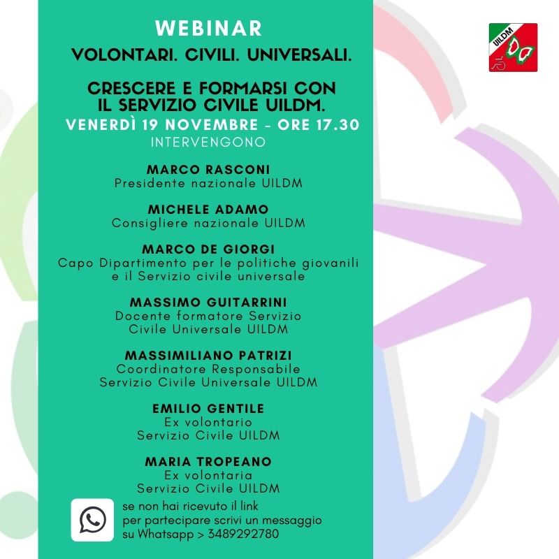 UILDMnazionale's tweet photo. Volontari. Civili. Universali.
Crescere e formarsi con il Servizio Civile UILDM.

Ti aspettiamo venerdì 19.11 alle 17.30 per celebrare i 20 anni dall’istituzione del Servizio Civile e raccontare il contributo del Servizio Civile UILDM.

Iscriviti ora 👉 https://t.co/B6yObmfWQX https://t.co/N0qbHSYOCN