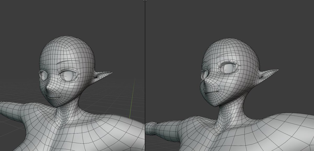 Genga_VRchat's tweet photo. 髪も弄ってはいるのだがあまりに難産なので別のことに精を出している
今流行り？の鼻から口に繋がる顔トポロジーに……したけどエッジが6本もあるポールができちゃうのはなんかいけないことした気がしてソワソワする
何事もなくシェイプキーで口動かした際に破綻しなければいいのだが…… https://t.co/MdRD3B6vT7