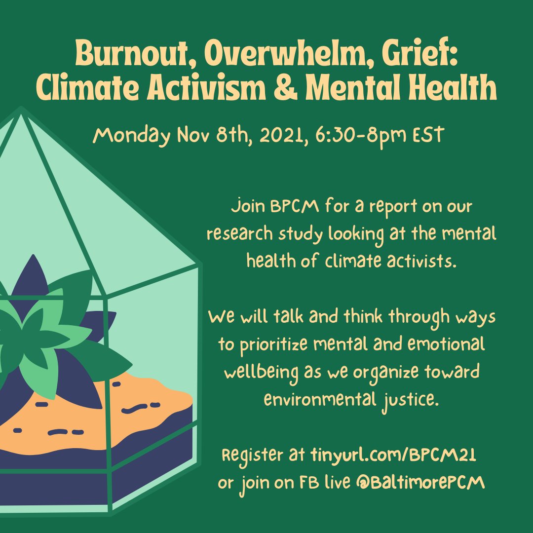 BaltimorePCM's tweet image. Registration is required to participate in BPCM's mental health of climate activists webinar happening this Monday Nov 8th, 2021 via ZOOM. Please register now or join us this evening on Facebook live &amp;amp; share the event widely!
us06web.zoom.us/meeting/regist…

#baltimore #maryland #usa #RT