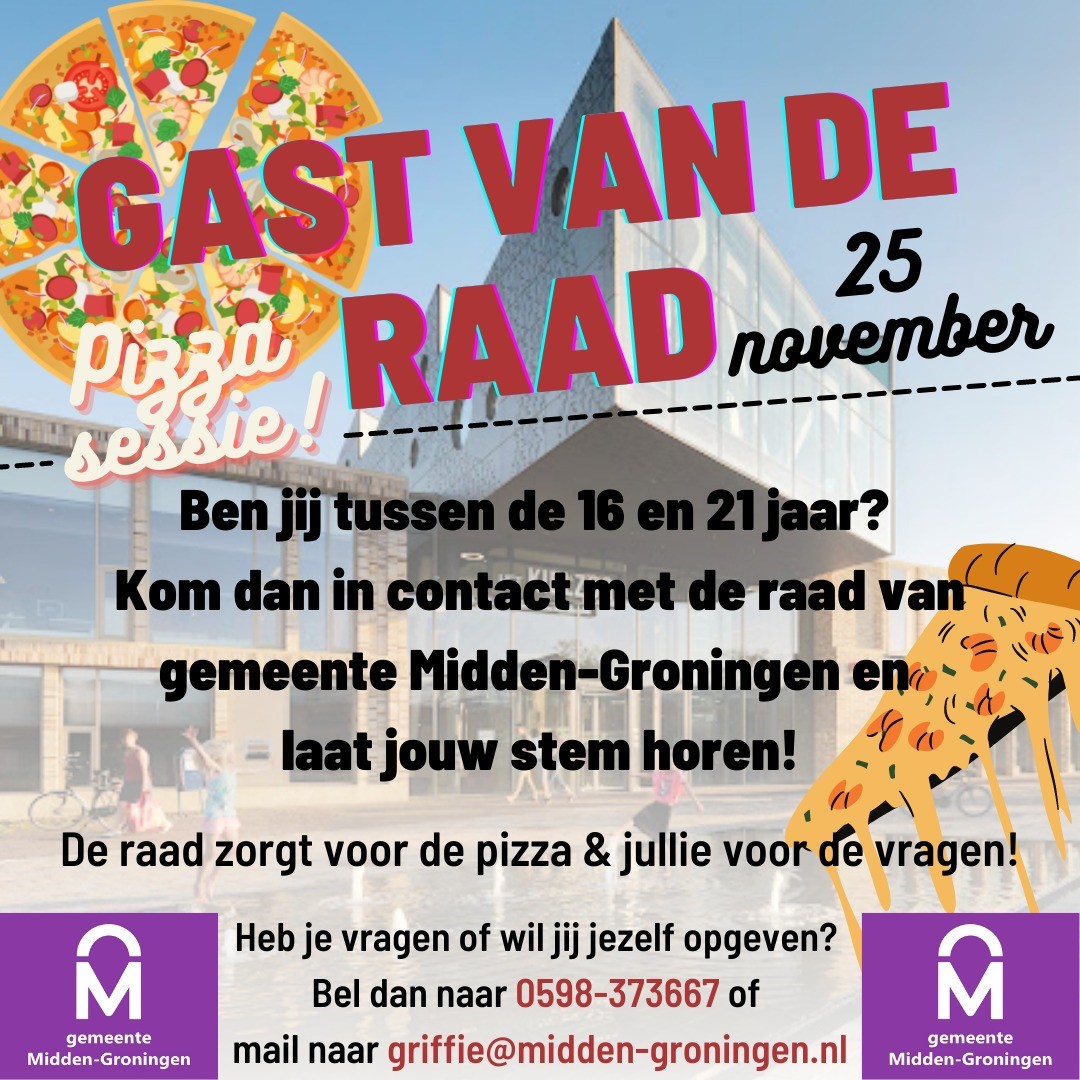 Ben jij tussen de 16 en 21 jaar en ben je geïnteresseerd in de gemeentelijke politiek? Geef je dan op voor "gast van de raad" op donderdag 25 november. 
Aanmelden kan bij de griffie via griffie@midden-groningen.nl of 0598-373 667